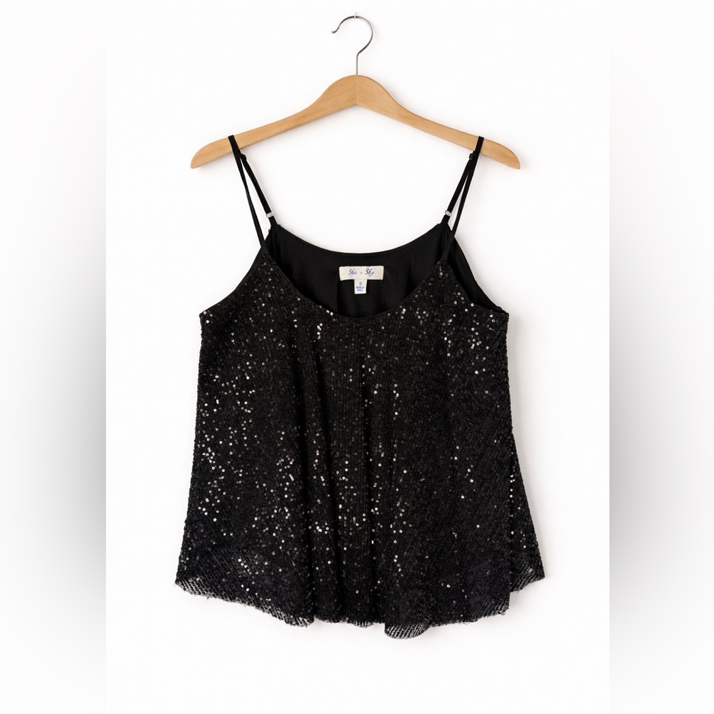 She + Sky Black Sequin Cami Small Glam Party Night Out Sparkly Coquette Chic